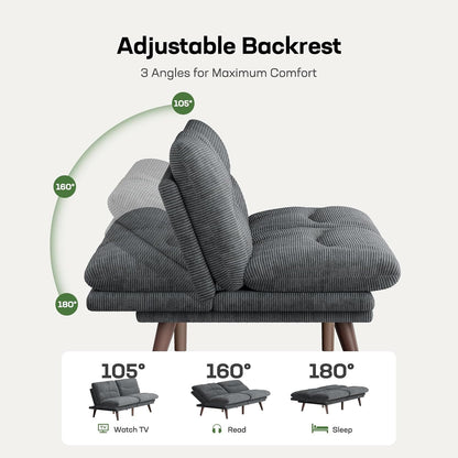 Marsail 66" Futon Sofa Bed, Convertible Corduroy Futon Couch with Adjustable Backrest & Armrests, Small Sleeper Sofa Loveseat for Living Room, Apartment, Office, Light Gray