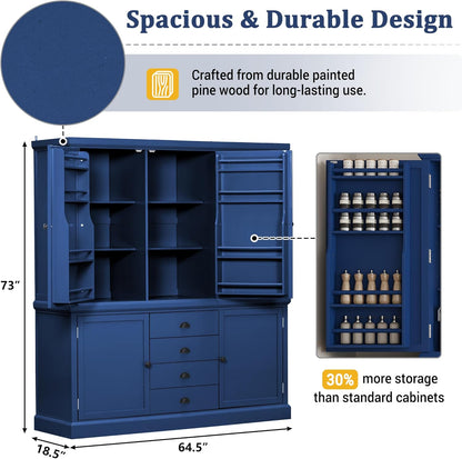Merax 73''H Freestanding Wooden Kitchen Pantry Storage Cabinet, Organizers with 2 Upper & 2 Bottom Cabinets & 4 Drawers & 8 Adjustable Shelves, Anti-Tipping Device Cupboard for Dining Room, Blue
