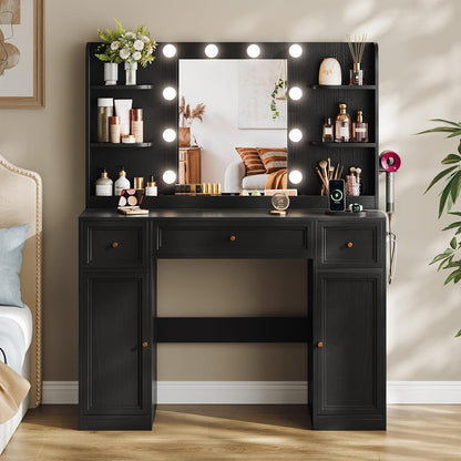 Large Makeup Vanity Desk with Mirror and Lights & Charging Station, Black | 3 Lighting Modes Adjustable Brightness, 3 Drawers, 2 Large Cabinets, 4 open shelves and Hairdryer Holder for Women Girls