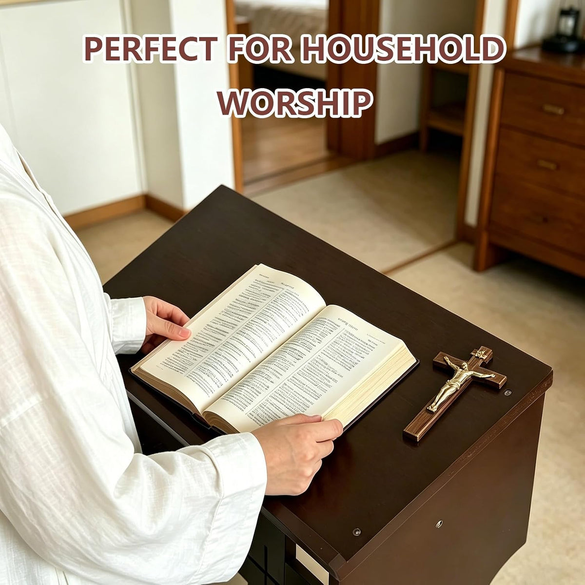 Kneeler for Prayer – Wooden Prayer Bench Kneeler, Padded Faux Leather Kneeling Pad, Space-Saving 23" L X 20" W for Home ChurcWorship Ebony