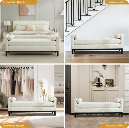 End of Bed Bench for Bedroom, 66.34'' Boucle Fabric Long King Size Bench with Black Legs for Entryway, Hallway, Cloakroom, Window Bench (White).