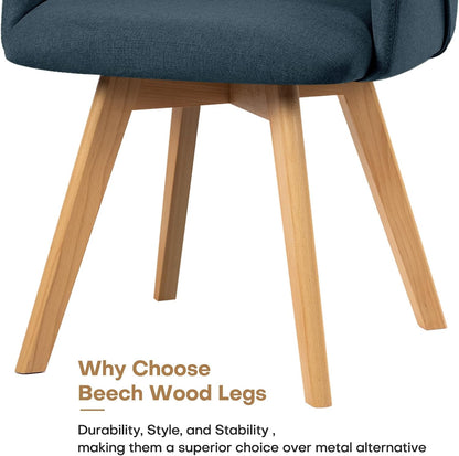 Swivel Dining Chairs Set of 2, Mid Century Modern Dining Chairs with Arms and Wood Legs, Linen Fabric Upholstered Kitchen Chairs for Dining Room Living Room, Comfortable Widen Seat, Blue
