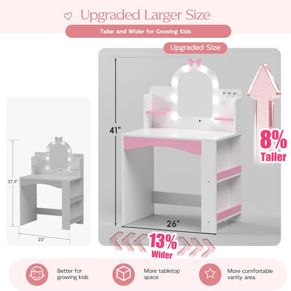 MU Kids Vanity with Lights, Princess Makeup Vanity Table and Chair Set for Girls, Toddler Vanity Desk with Open Bookshelf, Storage Cabinet & Shelves, Stools, White