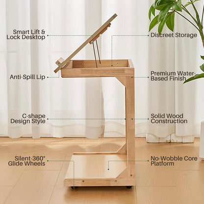 C-Shaped End Table with Wheels - Solid Wood C Shape Rolling Side Table for Couch, Wooden Tv Tray Under Bedside Tables for Sofa Living Room Bedroom, Natural, 15.7 in x 23.6 in x 24.8 in