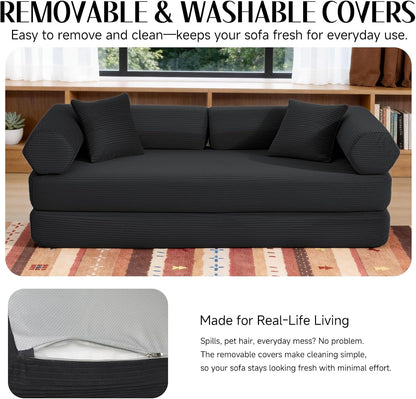 79" Corduroy Sofa Bed, Couch in a Box with 2 Pillows, High-Density Foam 4-in-1 Foldable Sleeper Futon Loveseat for Small Spaces, No Assembly, Side Pockets, Hex Arm Black