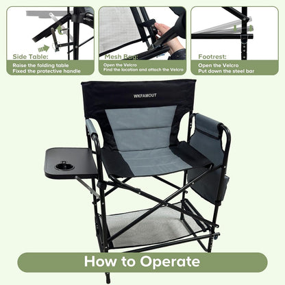 27" Tall Camping Director Chair Oversized with Side Table, Heavy Duty Folding Lawn Chair Outdoor for Makeup Artist, Sports Event, Supports 330LBS