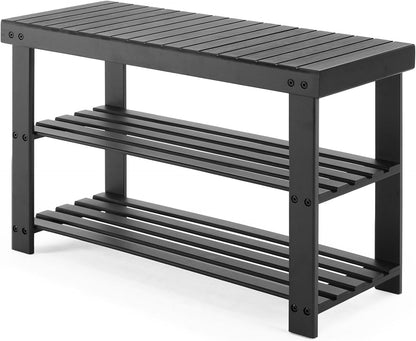 Sweetcrispy Shoe Rack Bench, 3-Tier Bamboo Entryway Storage Organizer, 286lb Capacity, Shoes Stand for Front Door Entrance, Bedroom, Living Room, Bathroom, Balcony, 11.3 x 27.6 x 17.8 Inches, Black
