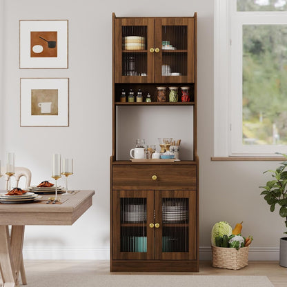 White Farmhouse Kitchen Pantry Hutch Storage Cabinet, 23.62"x15.75"x70.87" Freestanding Buffet Sideboard with Microwave Stand & Drawer, Storage Cabinet for Kitchen Living Room Floor Storage