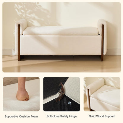 50.8 inch Storage Ottoman Bench with Armrests, Hidden Storage, Beige | End of Bed Bench, Bedroom Storage Bench , Chenille Upholstery, Solid Wood Legs, Entryway Bench, Living Room, Bedroom, Hallway