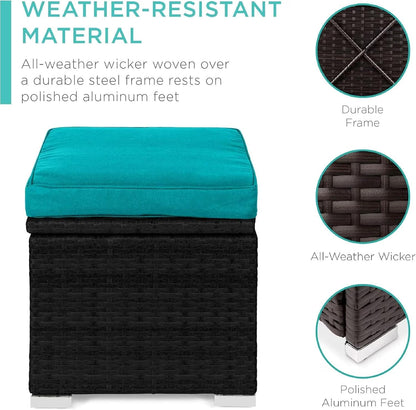 2 Wicker Ottomans, Multipurpose Outdoor Patio Ottoman Furniture, Additional Seating & Footrest, Outdoor Patio Storage Seating with Removable Cushions for Patio, Backyard (Blue)