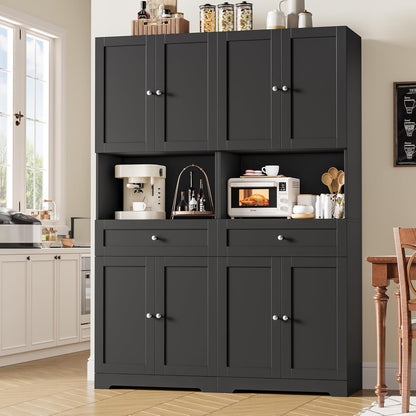 HIFIT 2 Pcs Tall Kitchen Pantry Cabinet, Large Kitchen Hutch Storage Cabinet with Doors & Wide Shelves, 67" Tall Modern Coffee Bar Cabinets with Drawers Cupboard Set for Home Dining Living Room, Black