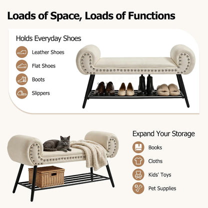 45" Upholstered Storage Shoe Bench, Velvet Fabric End of Bed Bench with Metal Shelf, Modern Bedroom Bench with Rolled Arms, Entryway Window Bench with Storage for Living Room, Hallway, Cream
