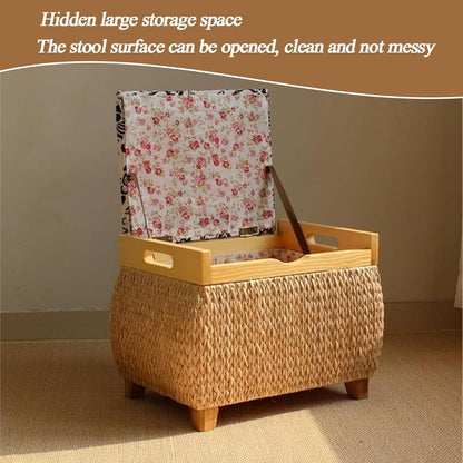 Ottoman with Storage Rattan Woven ，Bench with Padded Seat End of The Bed Entry Bench Footrest Stool for Hallway Living Room(Primary Color,53cm/20.9in)
