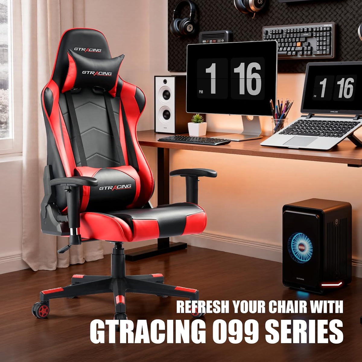 GTRACING Gaming Chair Racing Office Computer Ergonomic Video Game Chair Backrest and Seat Height Adjustable Swivel Recliner with Headrest and Lumbar Pillow Esports Chair (Red)