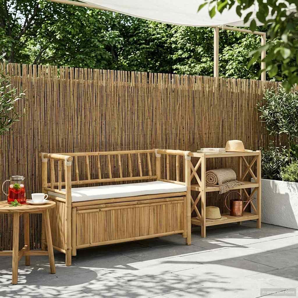 Bamboo Garden Storage Bench 110 x 47 x 80 cm, Outdoor Seating with Hidden Compartment, Post Leg Design for Patio or Indoor Use, Natural Finish