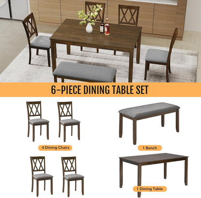 Zevemomo 6-Piece Solid Wood Dining Table Set, Dining Table & Chair Set for 6, Including 1 Dining Table, 4 Upholstered Chairs and 1 Bench, Dining Table Set for Dining Room & Kitchen, Walnut