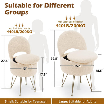 Korser Vanity Stool Chair with Storage and Folding Back, 13"x13"x27.6" Round Faux Fur Comfy Ottoman, 4 Metal Legs with Anti-Slip Feet, Makeup Chair for Living Room, Bedroom, Dressing Room