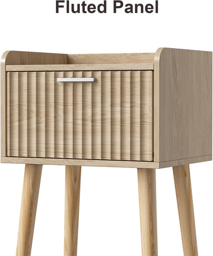 LAATOOREE Nightstand Set of 2, Small Bed Side Table with Fluted Door, End Table with Solid Wood Legs, Mid-Century Bedside Table for Bedroom Small Space