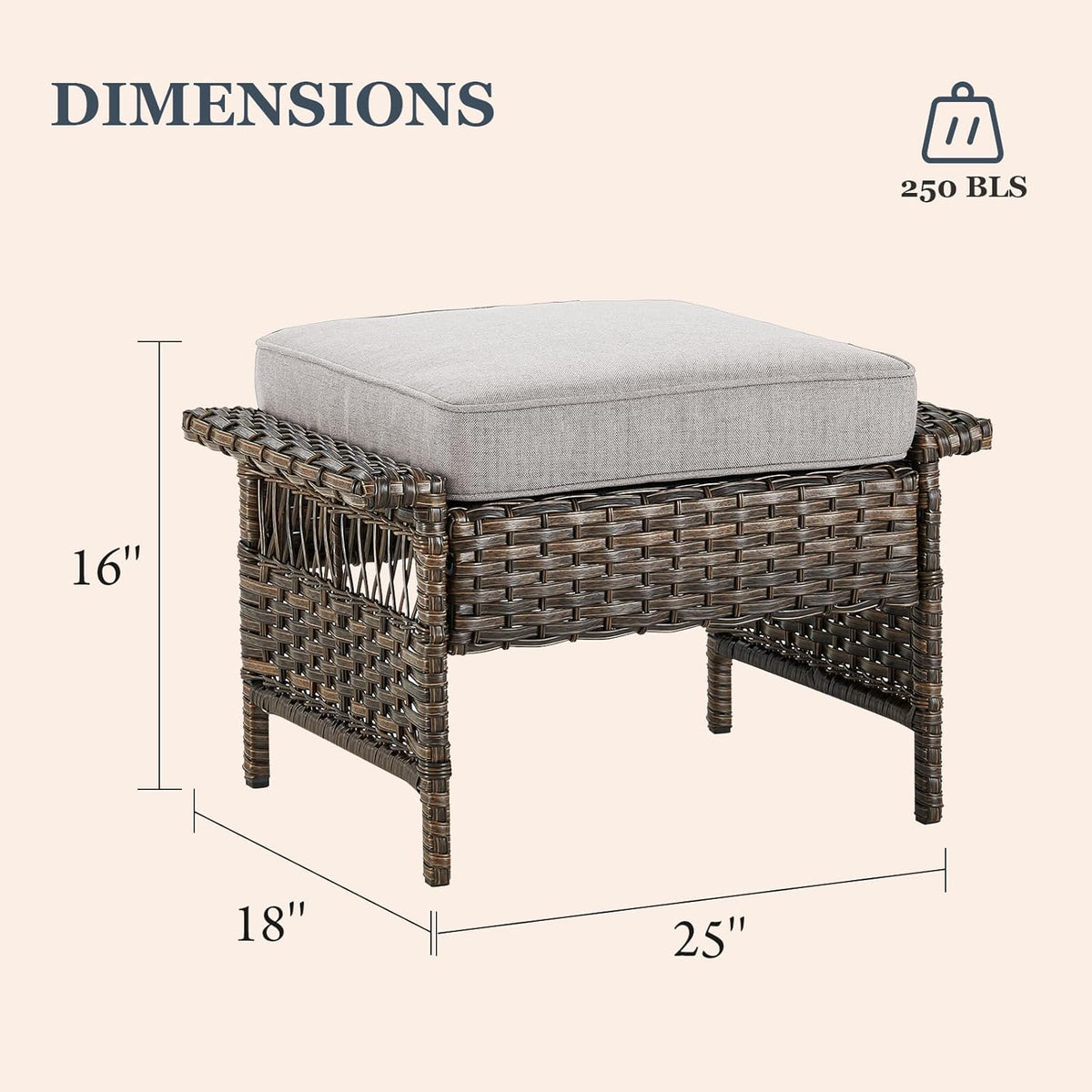 Patio Ottomans 2 Piece Outdoor Wicker Ottomans PE Rattan Footrest with Thickened Cushions Footstools for Garden Sunroom Deck Porch Balcony Poolside, Ottomans(2PCS), Brown|Beige
