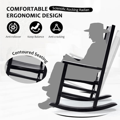 Hupmad Wooden Rocking Chair Outdoor Oversized Porch Rocker Chair,Patio Wooden Rocker with High Back and Armrest,All Weather Rocker Slatted for Backyard,Garden,400 lbs Support,Black