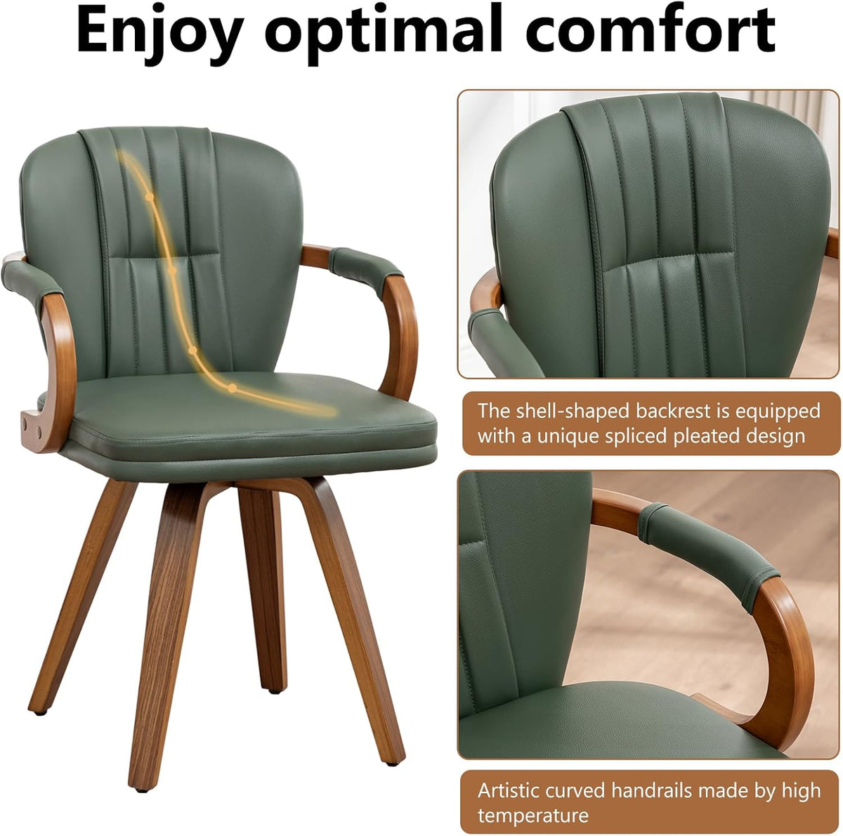 Swivel Dining Chairs Set of 4 Mid Century Modern Green Faux Leather Upholstered Kitchen Chairs with Bentwood Frame Armrests Side Chairs,Comfortable Ergonomic Wood Accent Chair No Wheels
