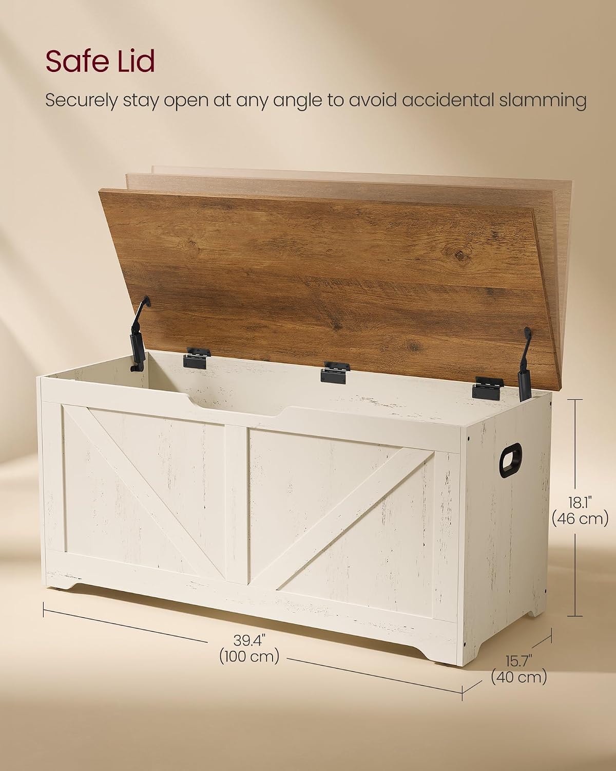 VASAGLE Storage Chest, Storage Bench with 2 Safety Hinges, Farmhouse Style, 15.7 x 39.4 x 18.1 Inches, for Entryway, Bedroom, Living Room, Honey Brown and Rustic White ULSB060WJ01S