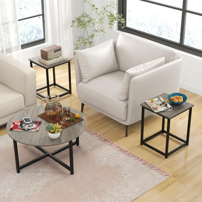 COSTWAY Coffee Table Set of 3, Wood Grain Round Coffee Table and 2 Square End Side Tables with Metal Frame, Modern 3-Piece Living Room Tables Set for Small Space, Apartment (Gray & Black)