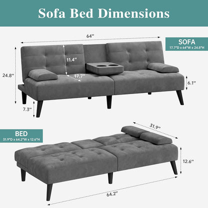 64" Futon Sofa Bed, Convertible Loveseat with 2 Cup Holders, Small Couch with 3 Adjustable Angles & Armrests, Sleeper Sofa for Small Space, Dark Grey