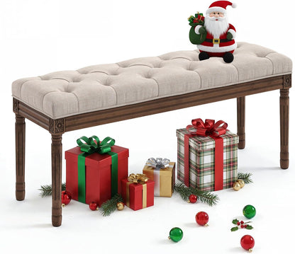 LUE BONA 44" Bedroom Bench, Fabric End of Bed Bench, Upholstered French Tufted Ottoman Bench with Carved Dark Brown Wood Legs for Bedroom End of Bed, Living Room, Linen
