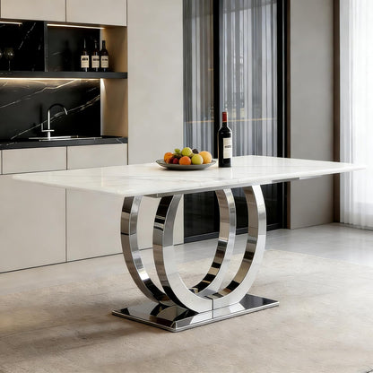 SSLine Modern White Marble Dining Table for 6-8 Rectangle 69.3" Faux Marble Kitchen Table with Silver Stainless Steel Dual U Shape Pedestal Base Luxury Dining Room Table for Home Kitchen