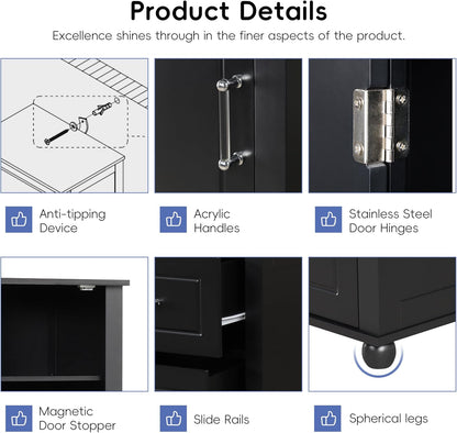 Merax 61.4" Pantry Cabinet with One Door & Two Drawers, Adjustable Shelves Storage Cupboard for Kitchen/Dining Room/Bathroom, Soild Wood Legs, Black