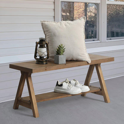 RowyPoey Solid Wood Bench, 43" Farmhouse Entryway Bench with Shoe Storage | Stable Triangular Leg, Rustic End of Bed Benches, Solid Hallway Seating, Dining Bench for Kitchen, Shoe Stool, Easy Assembly