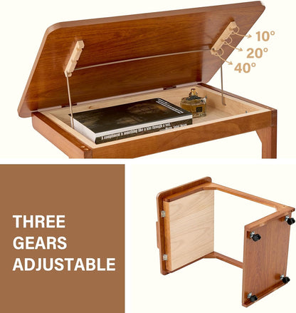 DUOMING Small Laptop Table with Wheels - Rolling Laptop Side Table Desk for Couch, Bedside Table Bedroom, Wooden TV Tray for Living Room, Teak