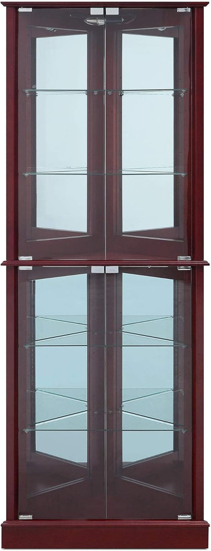 BELLEZE Lighted Corner Display Curio Cabinet Wooden Shelving Unit with Tempered Glass Door, Bar and Liquor Storage Area with 6 Shelves - Woody (Cherry)