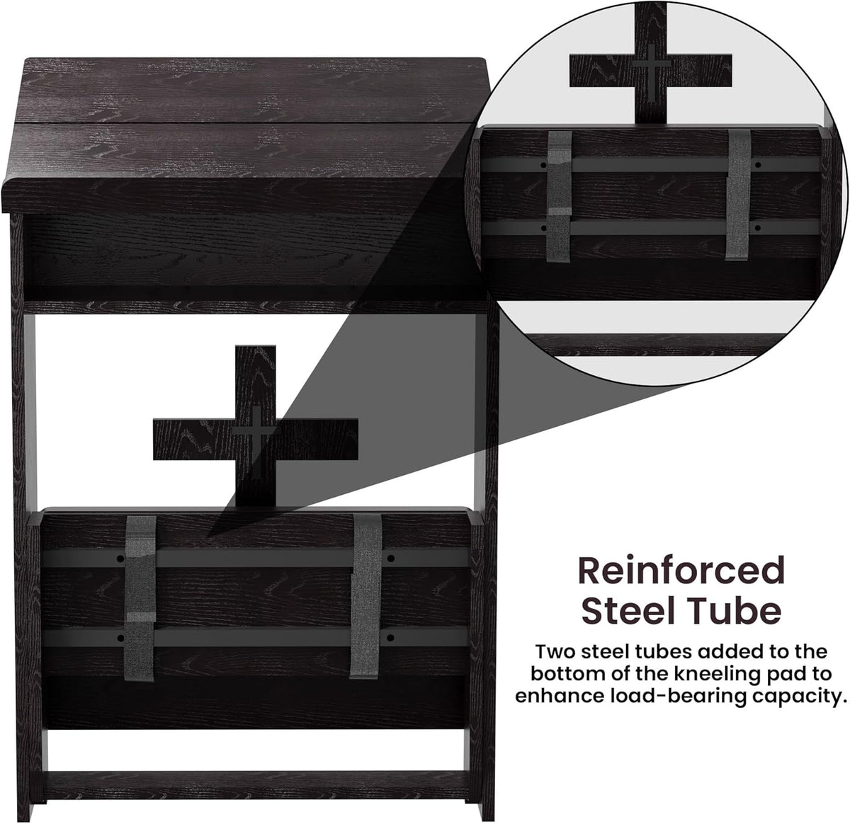 Foldable Prayer Kneeler, Wooden Prayer Bench with Storage Shelf, Cushion Pad, Rounded Corner Bookend and Customizable Cross Decoration, Reinforced Steel Tube Base Design (Dark Brown)