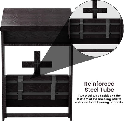 Foldable Prayer Kneeler, Wooden Prayer Bench with Storage Shelf, Cushion Pad, Rounded Corner Bookend and Customizable Cross Decoration, Reinforced Steel Tube Base Design (Dark Brown)