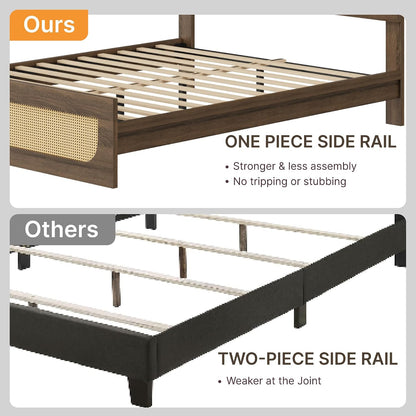 KISLOT Boho Rattan Bed Frame, Farmhouse Platform Bed Frame with Headboard and Footboard, Bedroom Furniture Solid Wood Support Mattress Foundation with Silent Slat Support No Box Spring Needed