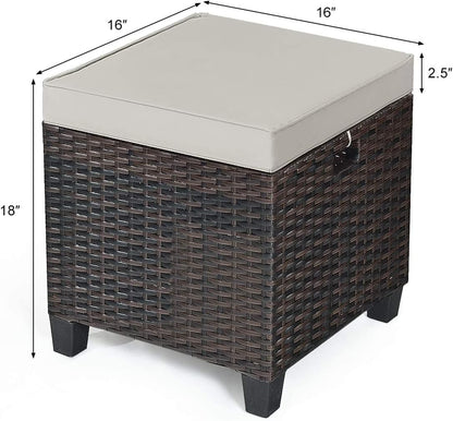 DORTALA Outdoor Ottoman Wicker 2 Piece, Patio Ottomans PE Rattan Foot Rest with Cushion for Couch, Chair, Brown