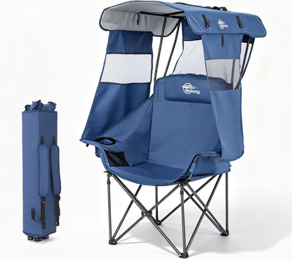 Bolosy Oversized Camping Chair with Canopy Beach Chair with Sun Shade | Folding Lawn Chair with Shade, Portable Canopy Chair for Camping, Beach, Picnics, Fishing, Sports, Support 400lbs, Blue