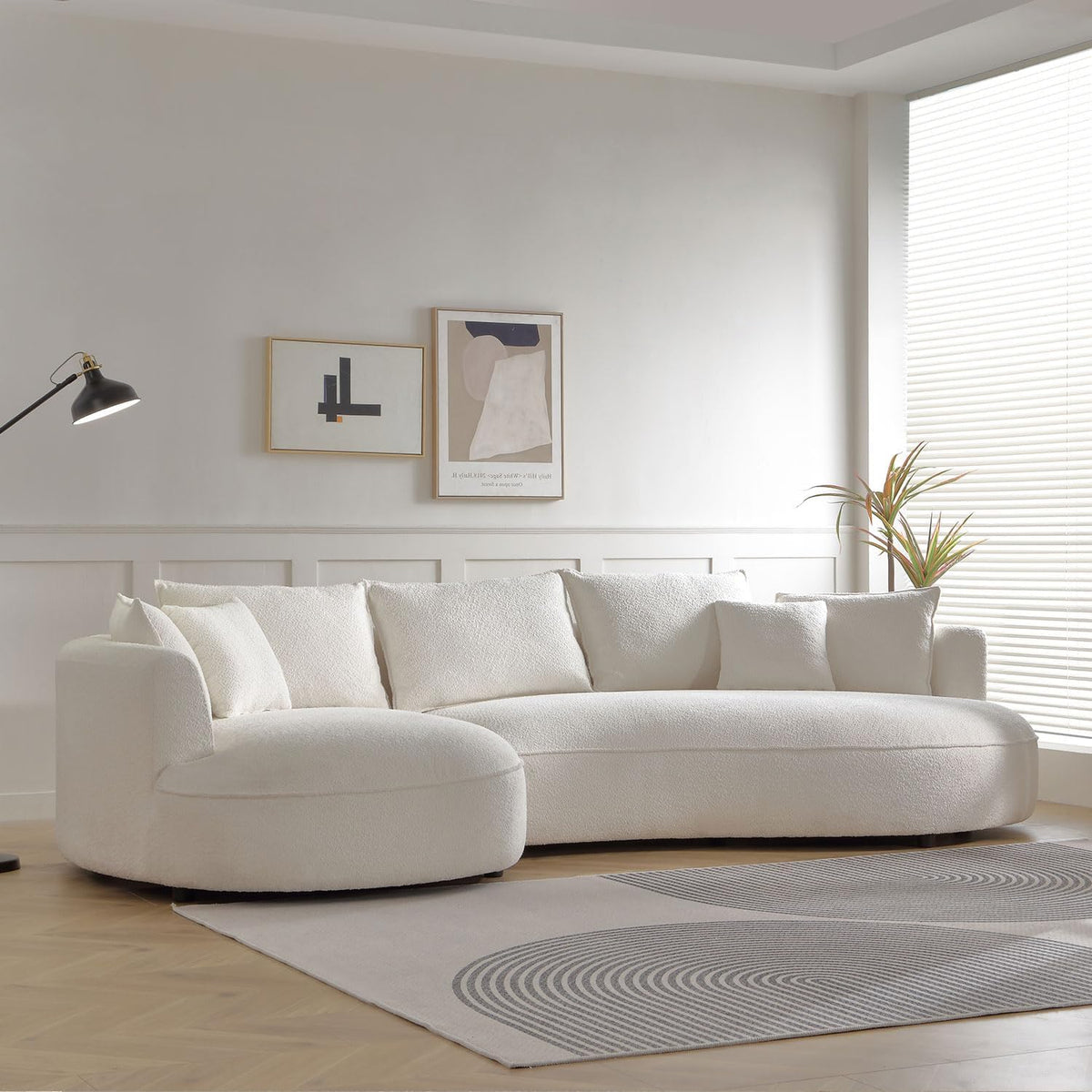 WILLIAMSPACE 124.8" Boucle Curved Sofa Couch, Modern Upholstery Cloud Sofa with Pillows, Left Hand Facing Sectional Boucle Fabric Couch for Living Room (Left-Facing,Light Cream)