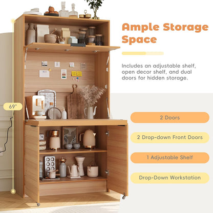 Farmhouse Pantry Cabinet with Foldable Workstation, 69" Tall Buffet with Hutch and Storage, Multifunctional Kitchen Cabinet with Adjustable Shelf and Power Outlet for Dining Room (Natural)