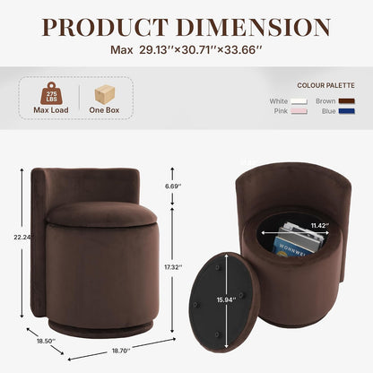 Velvet Vanity Chair with Storage, 360° Swivel Makeup Stool with Stripes Back & Upholstered Seat, No Assembly Round Accent Ottoman for Bedroom, Dressing, Living Room, Makeup Room