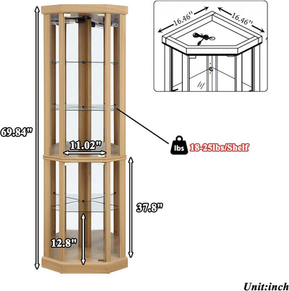 69" H Lighted Corner Display Cabinet, Curio Corner Glass Cabinet w/Adjustable Shelves & Glass Door, 5-Tier Wooden Storage Display Case w/Mirrored Back Pane for Living Room(Light Oak)