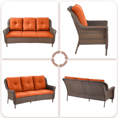 Patio Couch Outdoor Wicker Sofa - Heavy Duty All-Weather Brown Rattan 3-Seater with High Back and Comfy Thick Cushions for Garden Back Porch Poolside Apartment - Orange