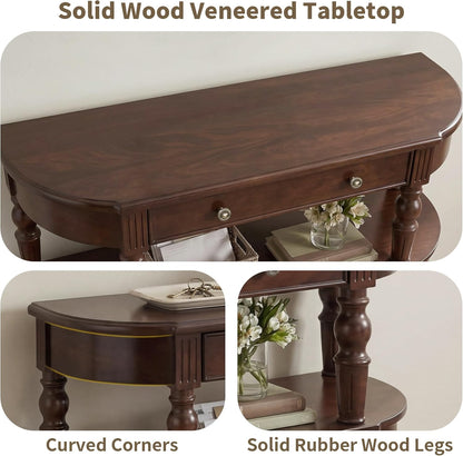 Curved Console Table with Solid Wood Legs, 47" Half Moon Sofa Table with Storage, Drawer & 2-Doors, Real Wood Veneer, Adjustable Shelf, Anti-Tip, Entryway Table for Living Room/Hallway,Walnut