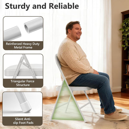 Folding Dining Chairs Set of 4 - Modern PU Leather Folding Chairs with Cushion Seat & Back Metal Legs Kitchen Chairs Folding Chair Set for Kitchen/Living Room/Bedroom/Parties (White)