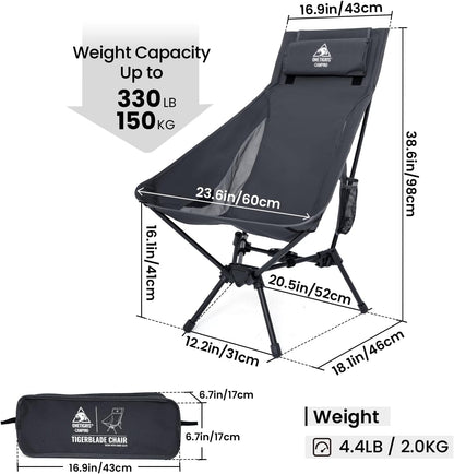 ONETIGRIS Tigerblade High Back Camping Chair with Pillow Design, Comfortable Widened Seat Folding Chair