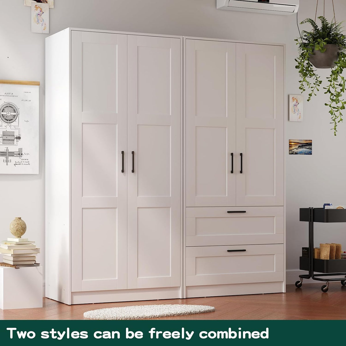 Fenghua Lizhi Wood White Wardrobe Closet with 2 Doors and 2 Drawers，Bedroom Freestanding Armoire Storage Cabinet with Shelves，Wooden Wardrobe Combination for Hanging Clothes (White 2 Drawers)