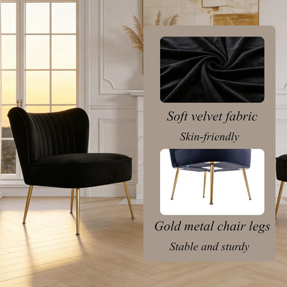 Velvet Accent Chair Set of 2 Comfy Living Room Chair Armless Slipper Chair Mid Century Side Single Sofa Chair with Golden Legs Wingback for Bedroom Guest Room, Black