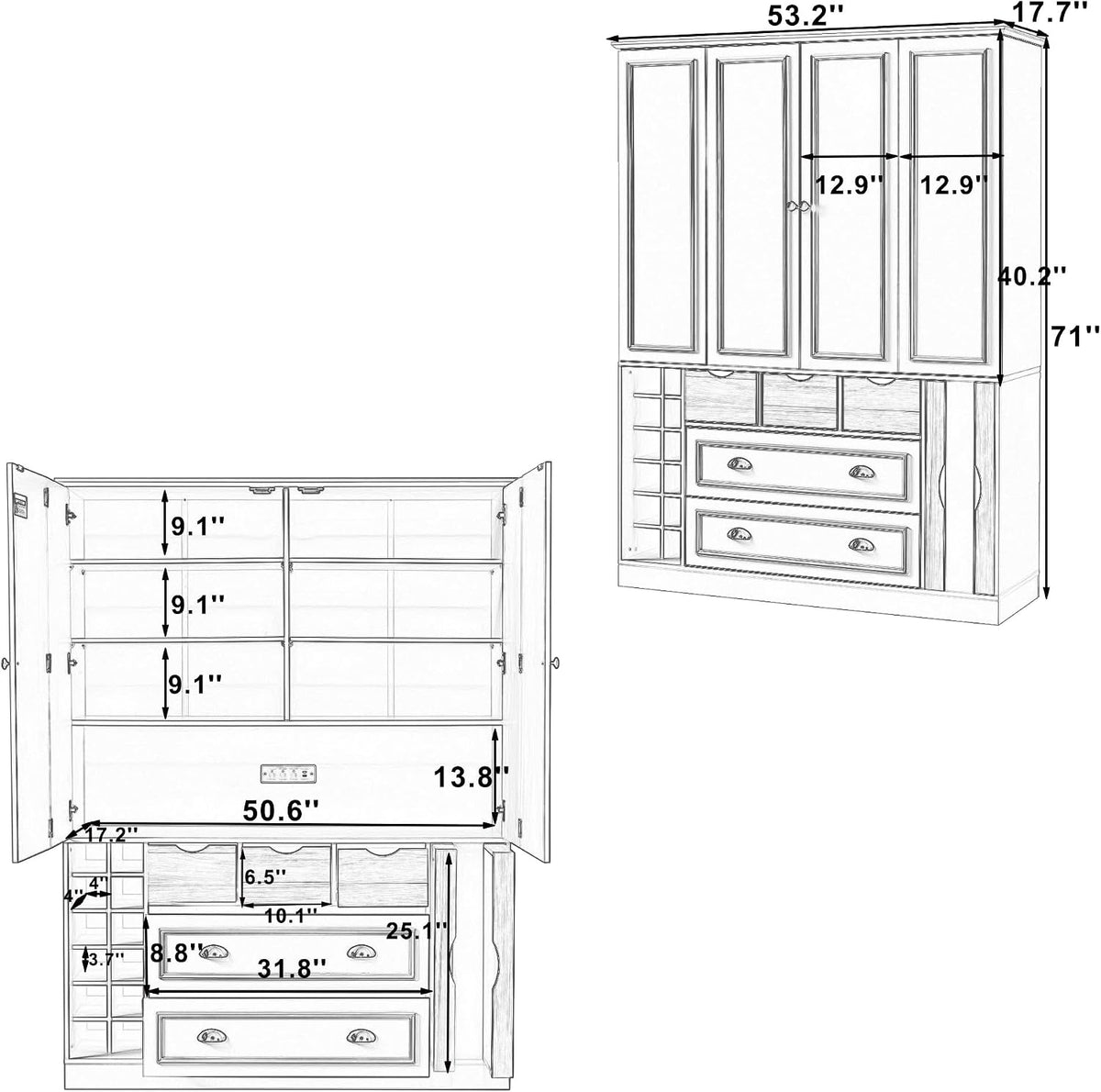 Polibi Farmhouse 71" Large Kitchen Pantry Cabinet with 4 Foldable Doors, Power Outlet, Wine Racks, Serving Trays, Adjustable Shelves & Drawers, for Dining Room Storage, Blue